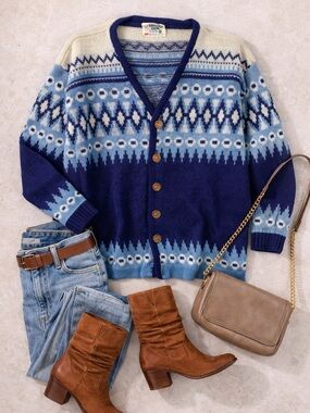 Vintage White Ram Wool Cardigan Blue Fair Isle Nordic Knit Button Front Size M/L